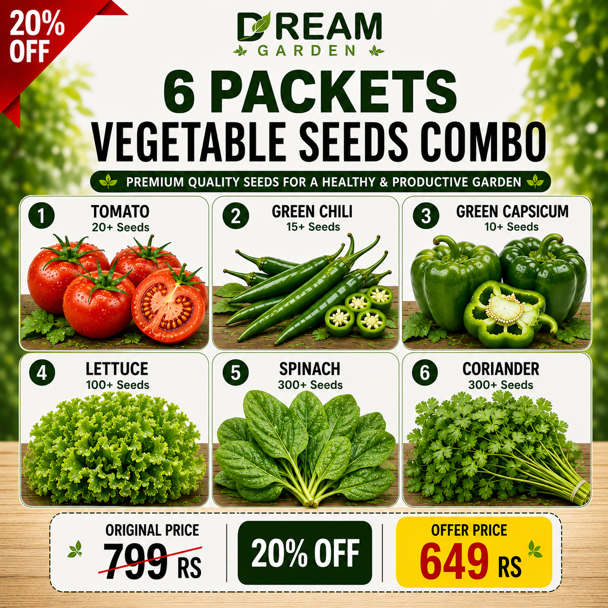 Dream Garden 6 Packets Vegetables Seeds Combo