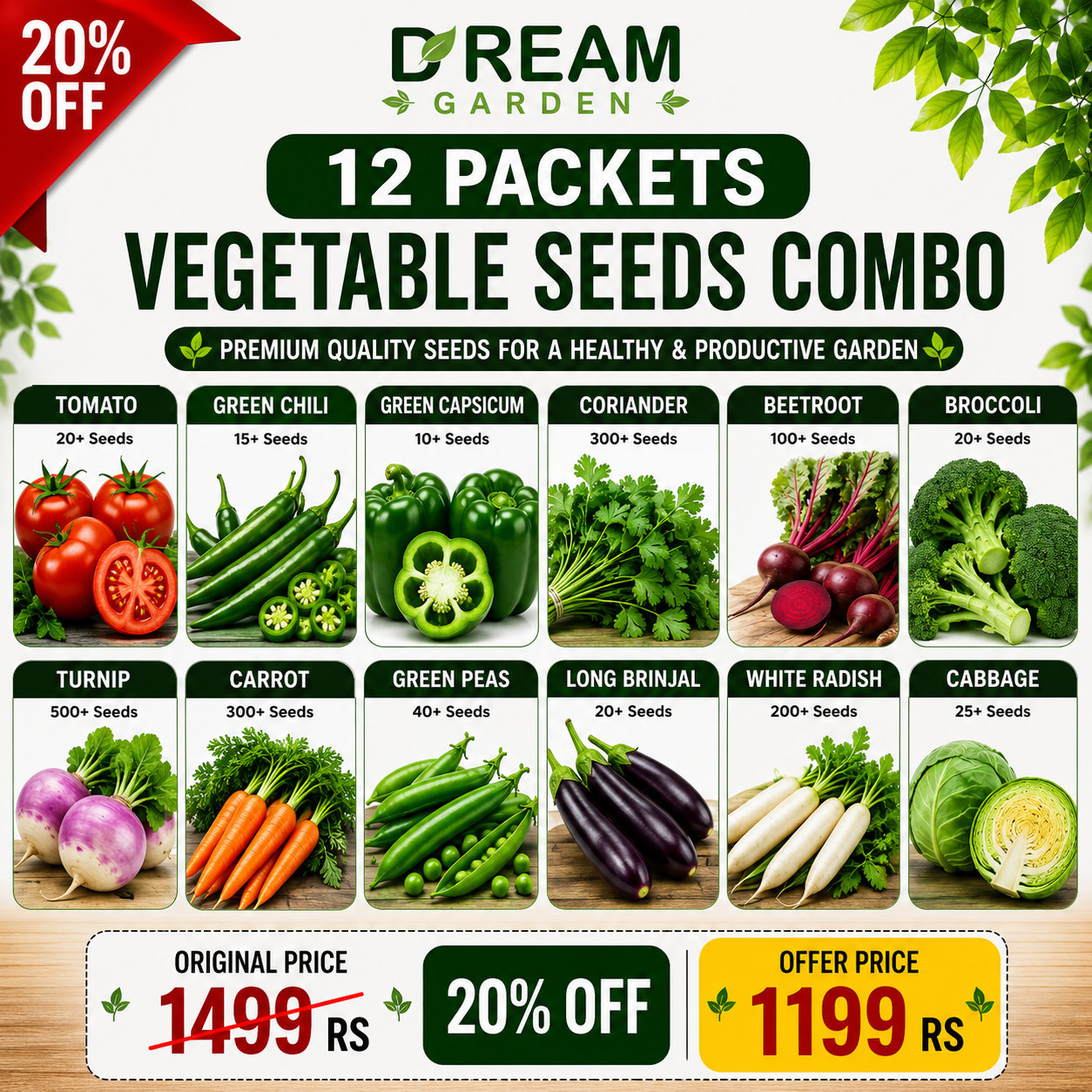 Dream Garden 12 Packets Vegetables Seeds Combo