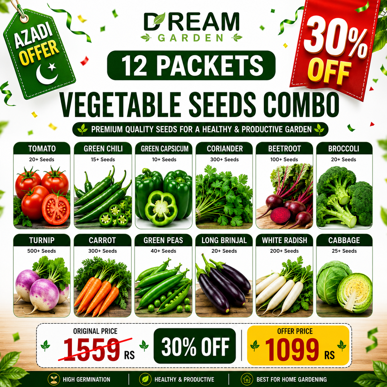 Dream Garden 12 Packets Vegetables Seeds Combo