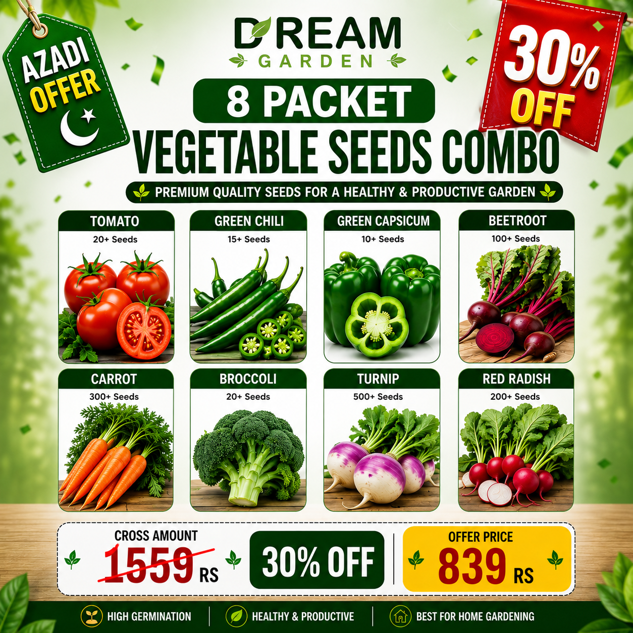 Dream Garden 8 Packets Vegetables Seeds Combo