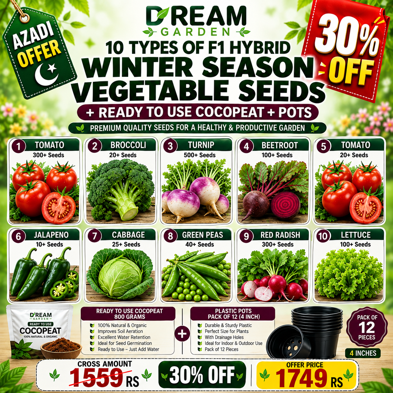 10 Types of F1 Hybrid winter Season Vegetable Seeds + Ready-to-Use Cocopeat + Pots