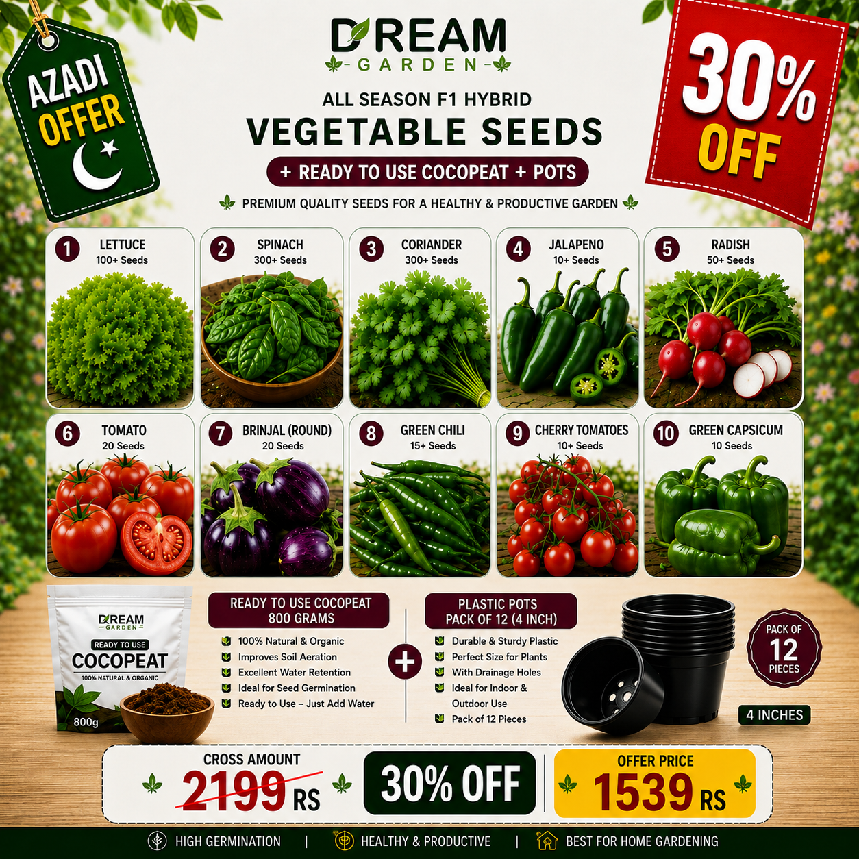 10 Types of F1 Hybrid All Season Vegetable Seeds + Ready-to-Use Cocopeat + Pots