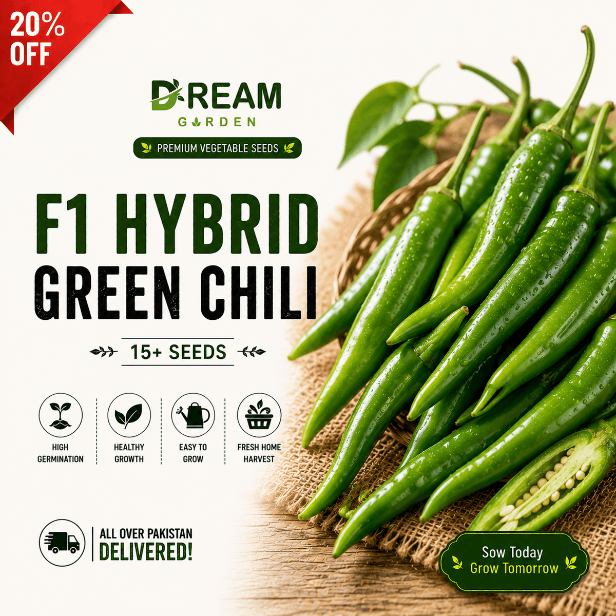 F1 Hybrid Green Chili (سبز مرچ) 15+ Seeds