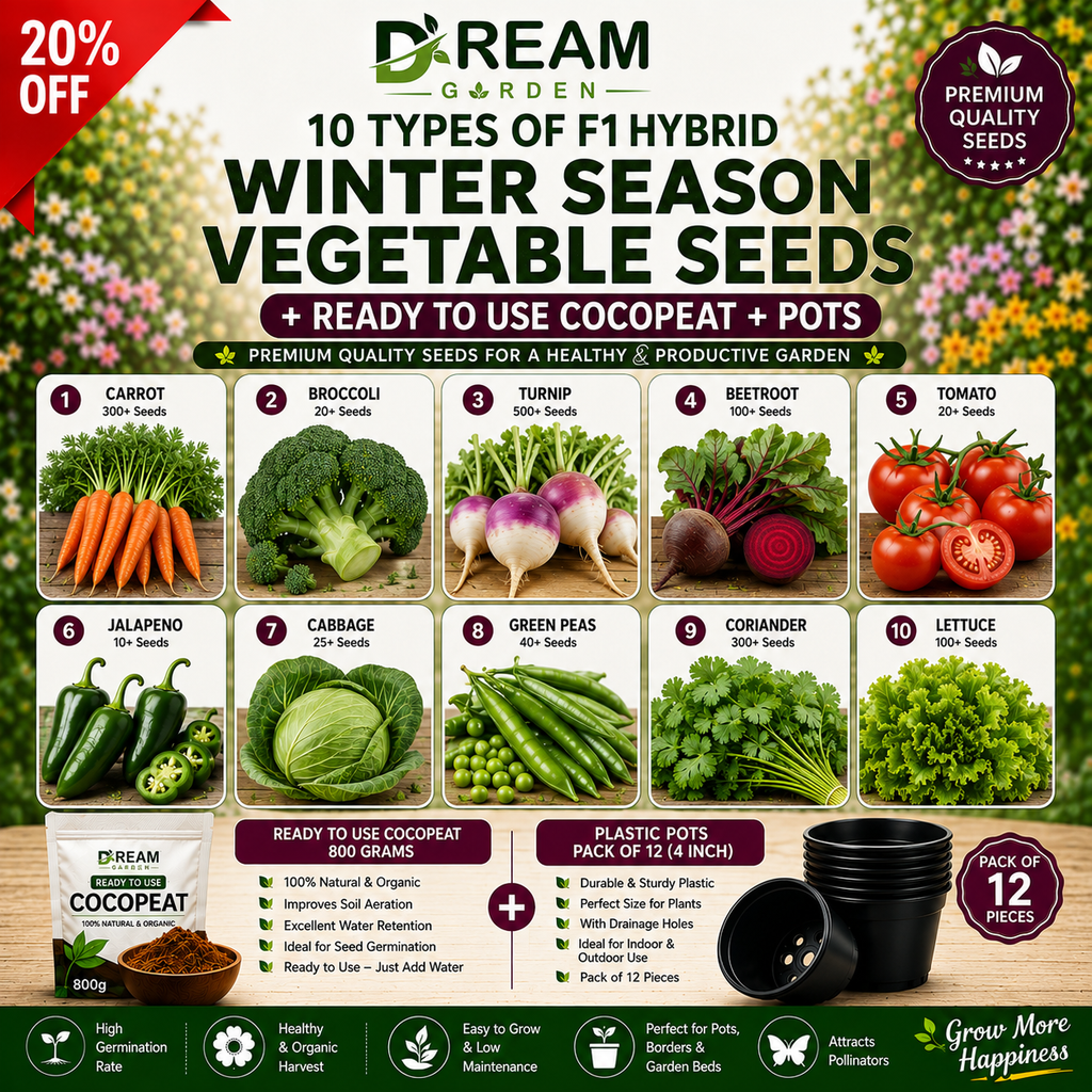 10 Types of F1 Hybrid winter Season Vegetable Seeds + Ready-to-Use Cocopeat + Pots