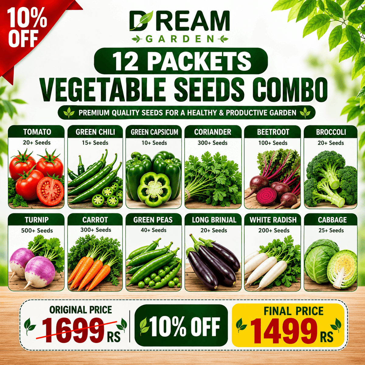 Dream Garden 12 Packets Vegetables Seeds Combo