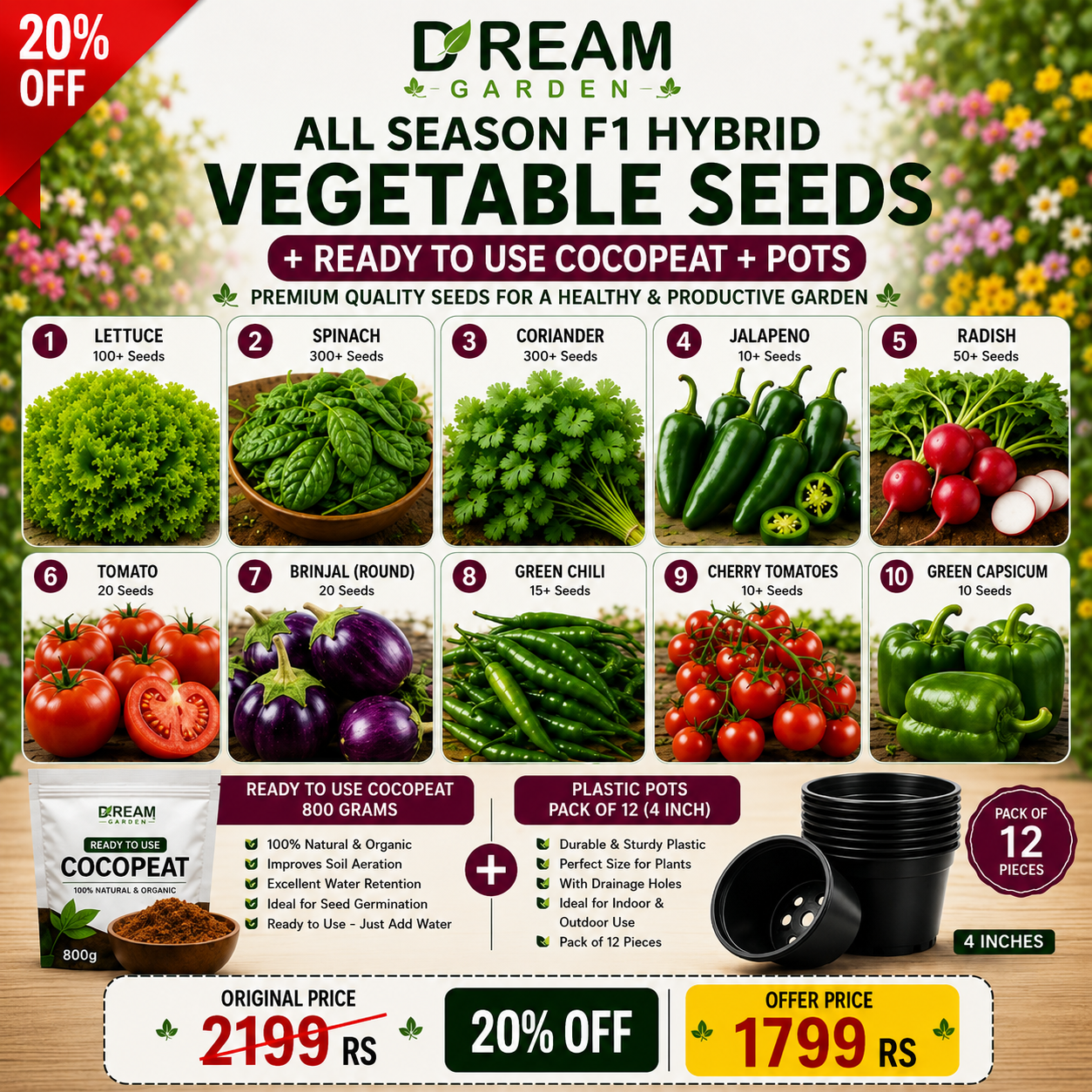 10 Types of F1 Hybrid All Season Vegetable Seeds + Ready-to-Use Cocopeat + Pots