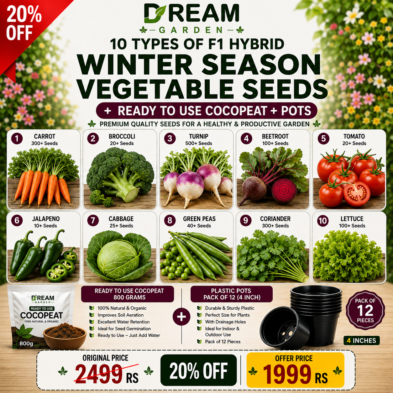 10 Types of F1 Hybrid winter Season Vegetable Seeds + Ready-to-Use Cocopeat + Pots